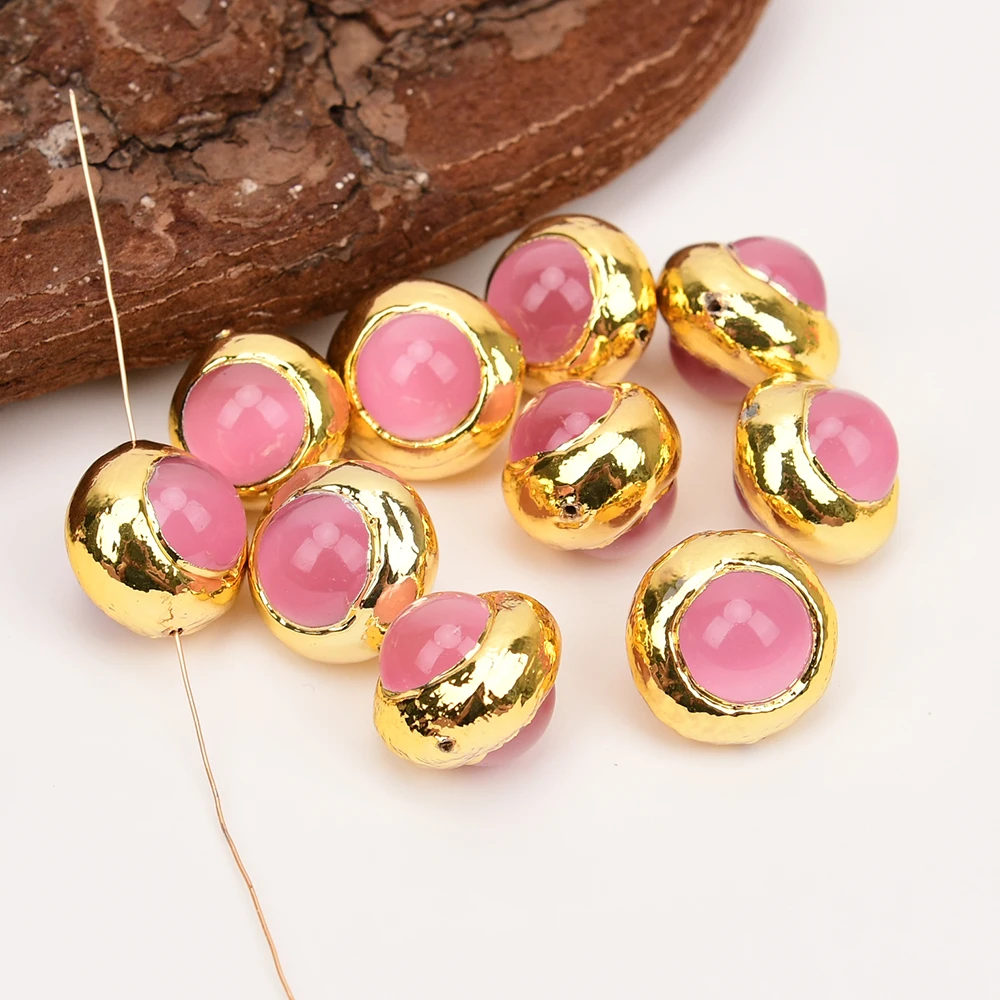 APDGG 10Pcs 20mm Natural Pink Rose Quartz Gold Edge Metal Bezel Loose Beads Connector Beads For Pearl Necklace Jewelry DIY