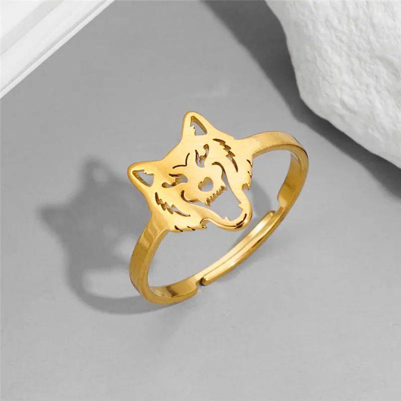 Punk Stainless Steel Wolf Head Rings for Women Open Gold Color Animal Joint Jewelry Party Personality Finger Ring Accessories