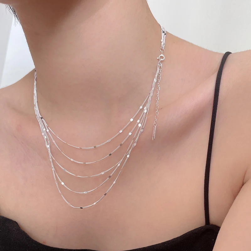 New S925 Sterling Silver Women\'s Jewelry Collar European Simple Silver Fashion Multi Layers Bar Necklace Clavicle Chains Gifts