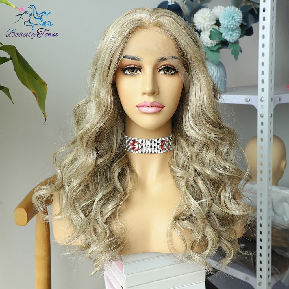 Honey Blonde Colored Synthetic Lace Front Wig Brown Yellow Highlight 13x3 HD Transparent Lace Frontal Wig Body Wave Cosplay Wig