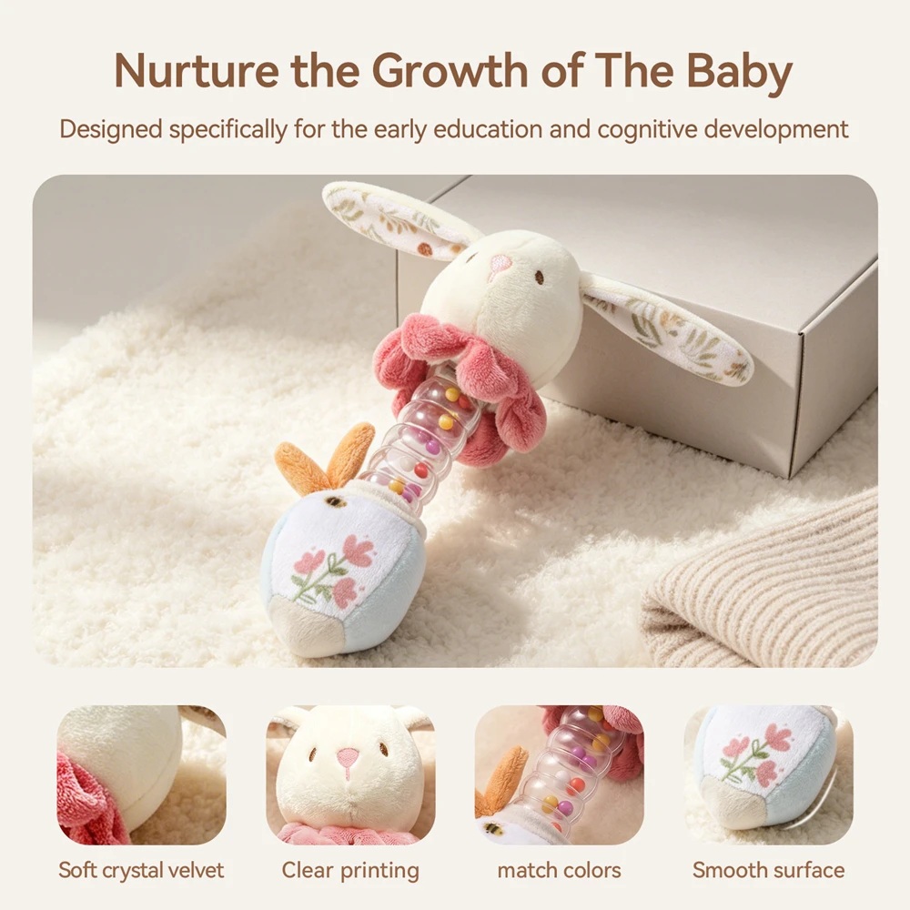 Plush Bunny Rainstick Rattle Soft Crystal Velvet Auditory Visual Tactile Baby Sensory Toy Portable Early Education Newborn Gift