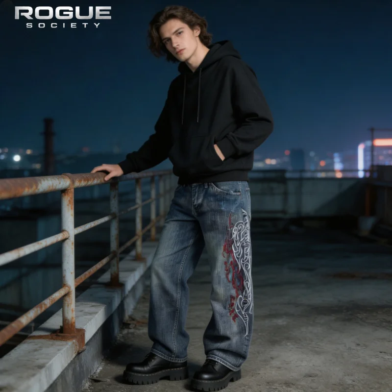 Luxury American Distressed Harajuku Trousers Y2k Grunge Vintage Washed Baggy Jeans Men Embroidered Streetwear Denim Pants Retro