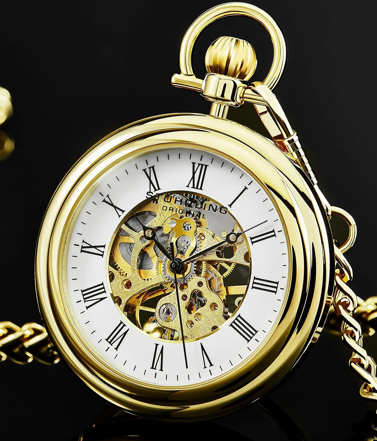 Men's Stainless Steel Skeleton Pocket Watch with Hand Wind Mechanical Movement and Chain