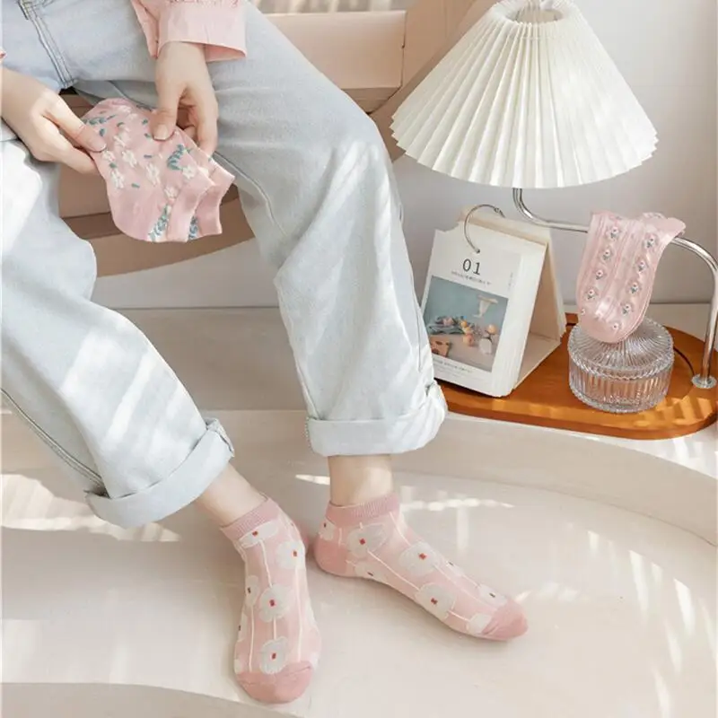 Bộ 5 Đôi Tất Thuyền Tất Casual Người Phụ Nữ Xinh Đẹp Gái Mắt Cá Chân Cotton Hoa Mùa Xuân/Mùa Hè Thời Trang Mới Bông Tai Kẹp Chất Lượng Cao thấp Socken