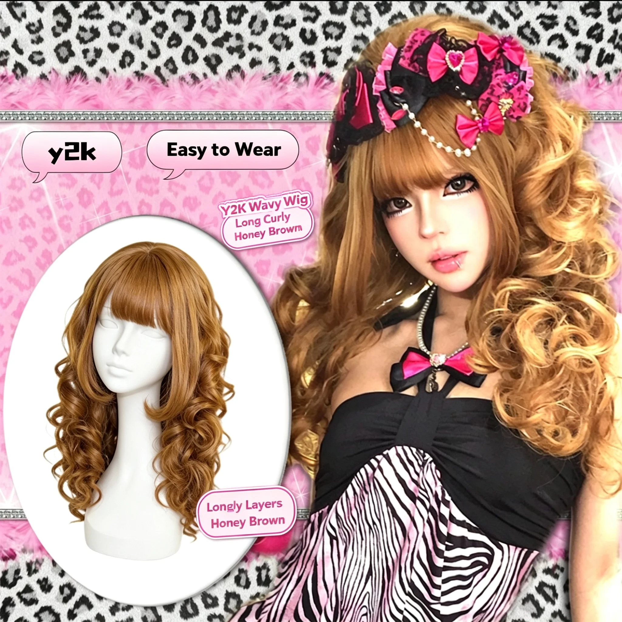 Y2K Gyaru Long Wavy Curly Wig Hime Japan Light Brown Synthetic Hair Faux Scalp Breathable Face Slimming Cosplay Full Head Wig