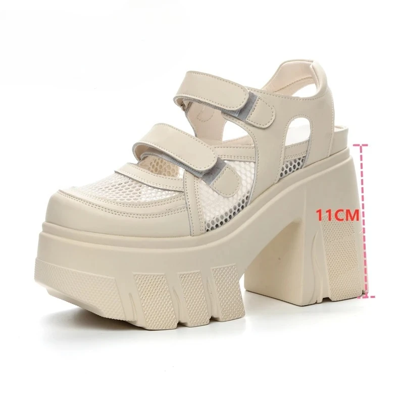 

11cm High Heel Womens Sandals Mesh Breathable Genuine Leather Heel High Women Sandals Platform High Heel Sandals Sandalias Mujer
