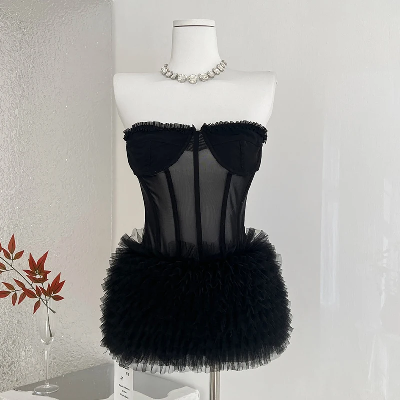 

Evening Party Two-piece Tops and Skirts Suits Sexy Lace-up Fishbone Strapless Cropped Tops & Ruffle Mini Skirts Black Skirt Sets