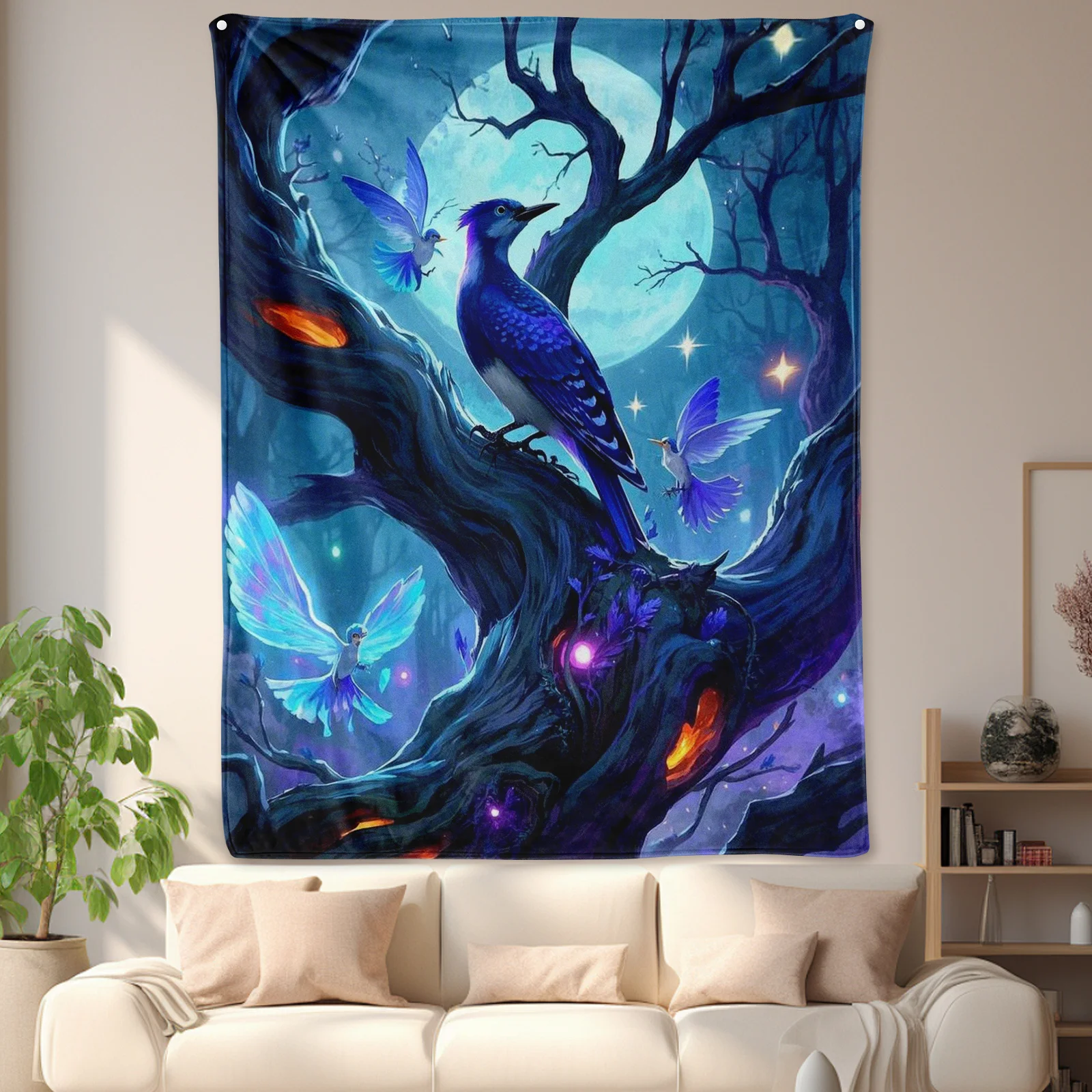 Woodpecker Moonlit Tree Purple Fairy Themed Warm Cozy Blanket For Whimsical Bedroom Decor And Evening Relaxation