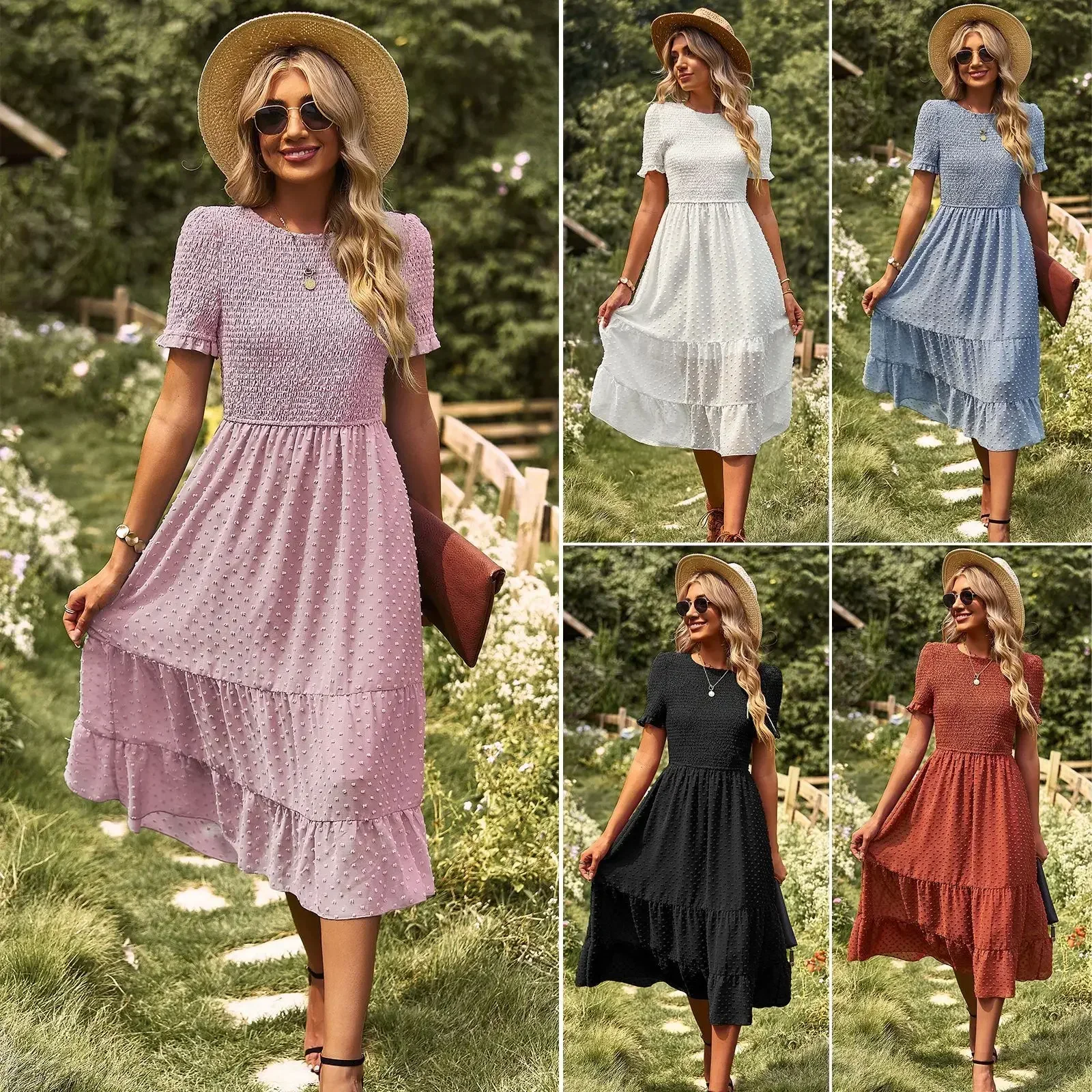 LIBIELIY Women's Explosive New Summer Long Dress Solid Color Jacquard Dress For Women Slim Fit Dress Summer Fashion Holiday Dres