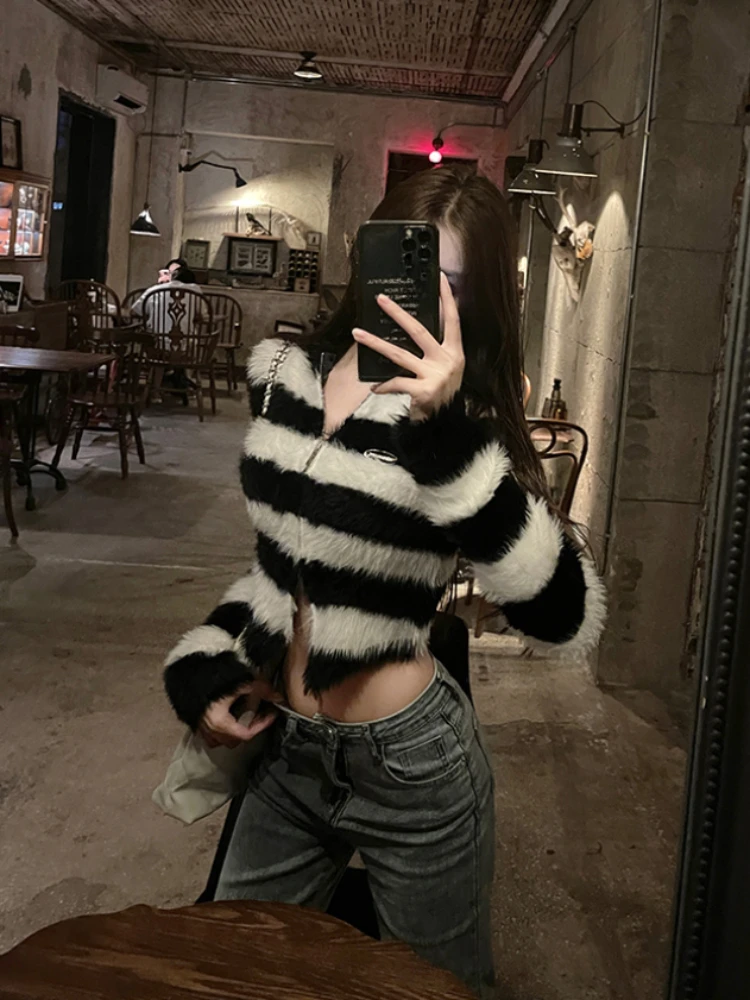 2023 Winter Lange Mouw Slanke Korte Jas Vrouwen Outwear Casual Office Lady Kleding Dames Dames Koreaanse Mode Gestreept Trui Vest