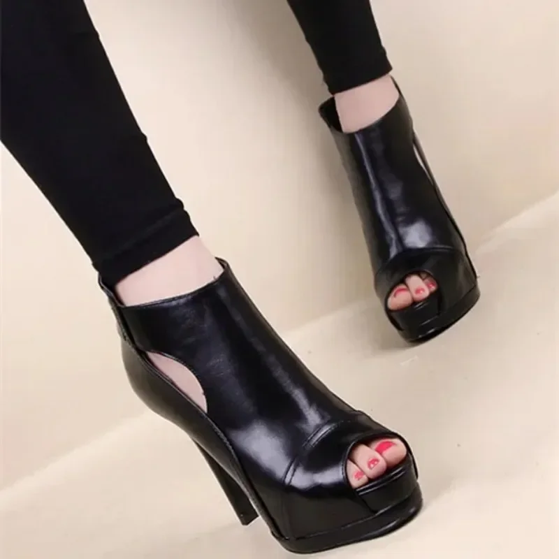 Fish Mouth Sandals High Heels Women Pumps Office Breathable Hollow Out Square Boots Summer Platform Heels Party Wedding Shoes