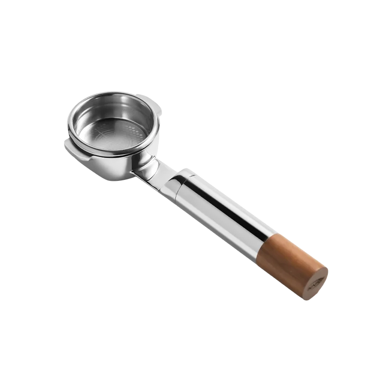IKAPE Durchbrochener bodenloser Siebträger, Espressogriff aus Edelstahl und Walnuss, 54/58 mm Präzisionskorb mit hoher Extraktion