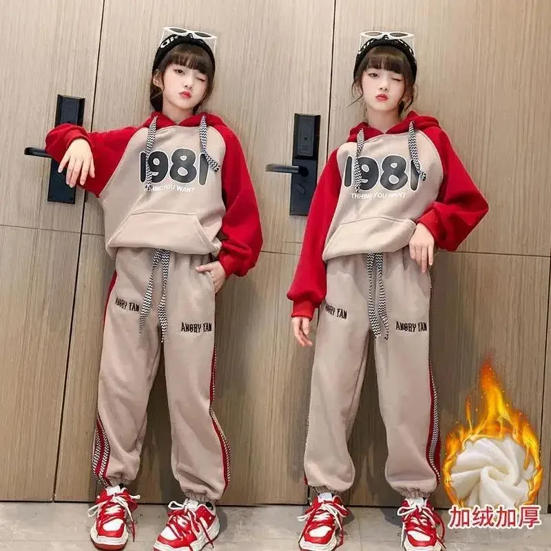 

2024 Korean Autumn Winter School Girl Thicken Tracksuit Teenager Girl Contrast Hooded Sweatshirts+Sweatpants Girls Suit 4-14Yrs