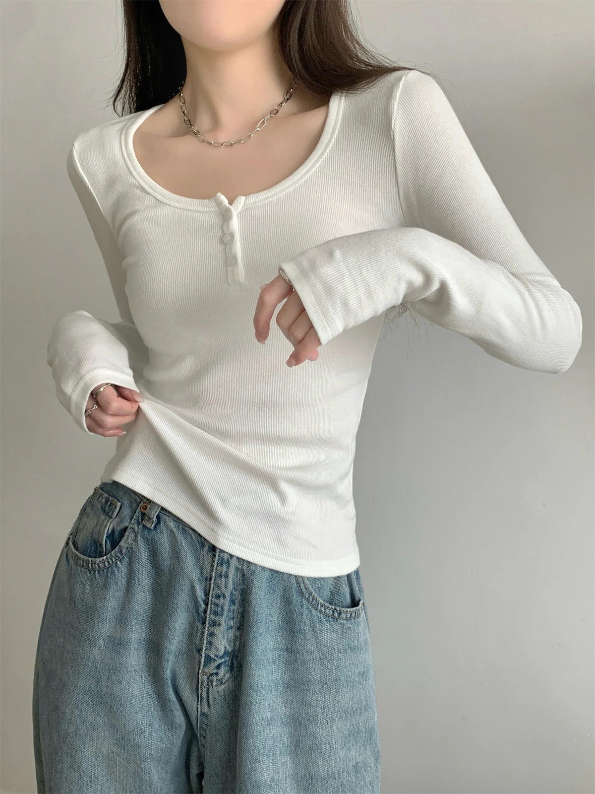 Efeito de emagrecimento botão até longo sve u ne topo feminino faion outono novo sle simples ey versátil camada base irt