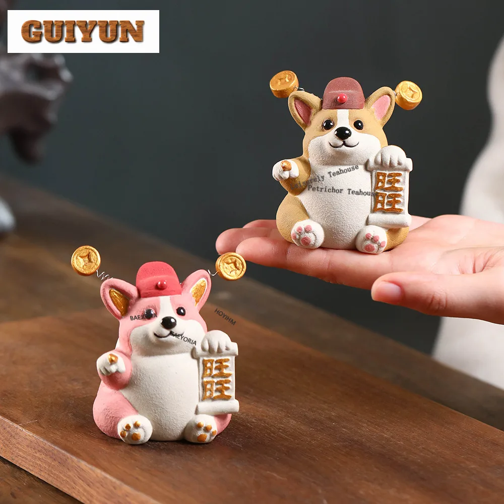 Yixing Purple Clay Prosperous Wealth Corgi Tea Pet Handmade Tea Spirit Tea Figurine Play Toys Tea Statue Ornaments Collection