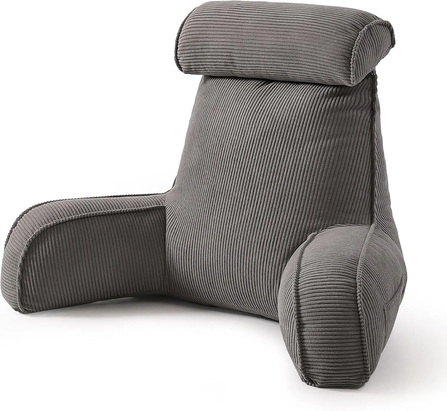 

Подушка для спины из вельвета с подлокотниками, боковыми карманами и съемным чехлом для сидения в кровати, на диване и на полу - темно-серый