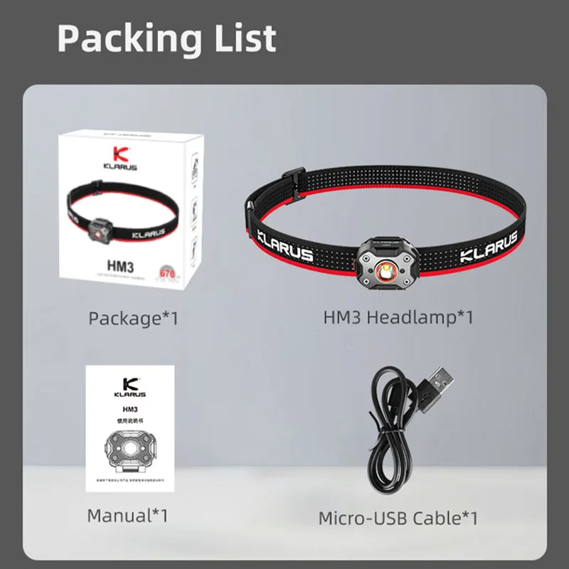 Klarus HM3 Super Lightweight Headlamp 670 Lumens White-light USB Rechargeable with Red Signal Light Multifunction for Camping