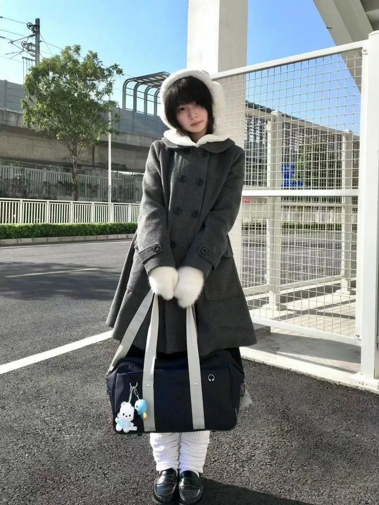 Płaszcz damski w stylu preppy, casual, vintage, luźny, szary, jesieniowy, elegancki, modny, z patchworkiem, długi rękaw, szykowny, ciepły.