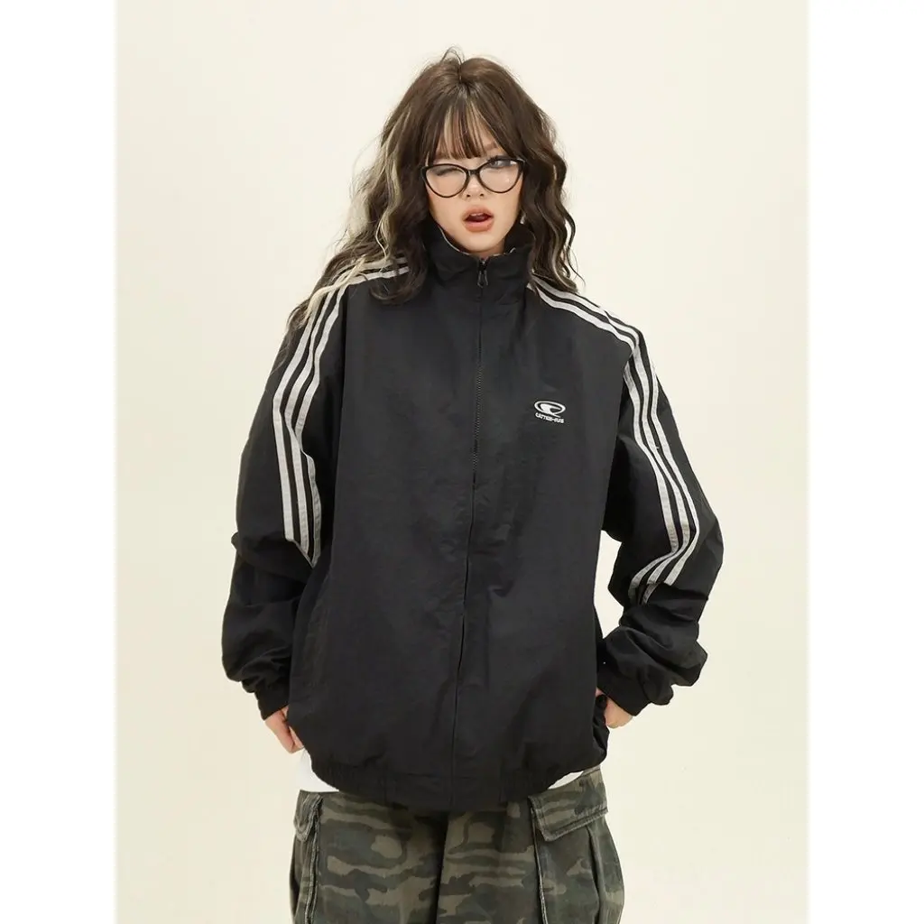 

Women's Loose BF Style Jacket Autumn New Double-Sided Three Bars Retro College American Fashion