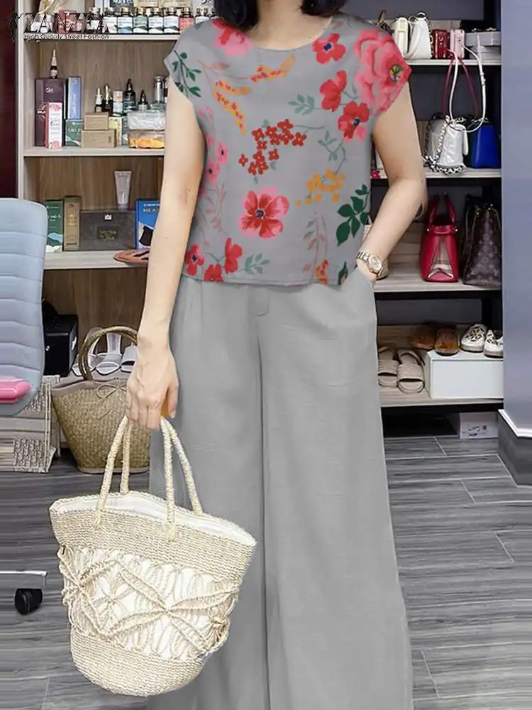 ZANZEA Women Floral Print Blouse Trousers Suits Wide Leg Pants Elegant Holiday Summer 2-Piece Sets Casual 2pcs Outfits Pant Sets