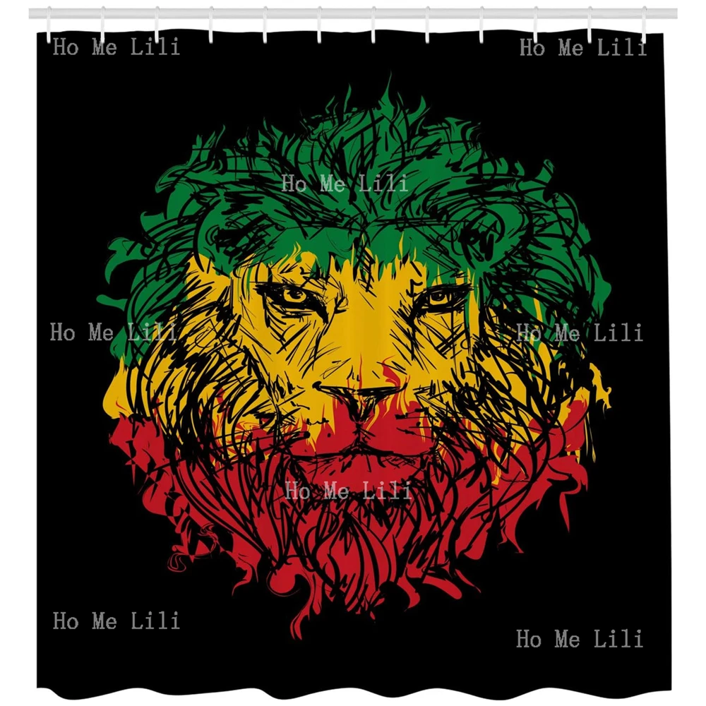 Rasta Shower Curtain Ethiopian Flag Colors On Grunge Sketchy Lion Head Black Backdrop Fabric Bathroom Decor