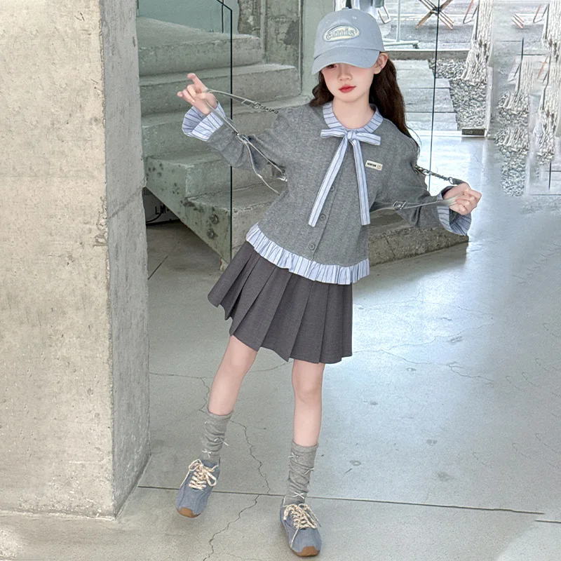 الفتيات مجموعة الربيع والخريف النمط الغربي فراشة عقدة الربط الدانتيل قميص تنورة قابلة للطي قطعتين مجموعة عصرية