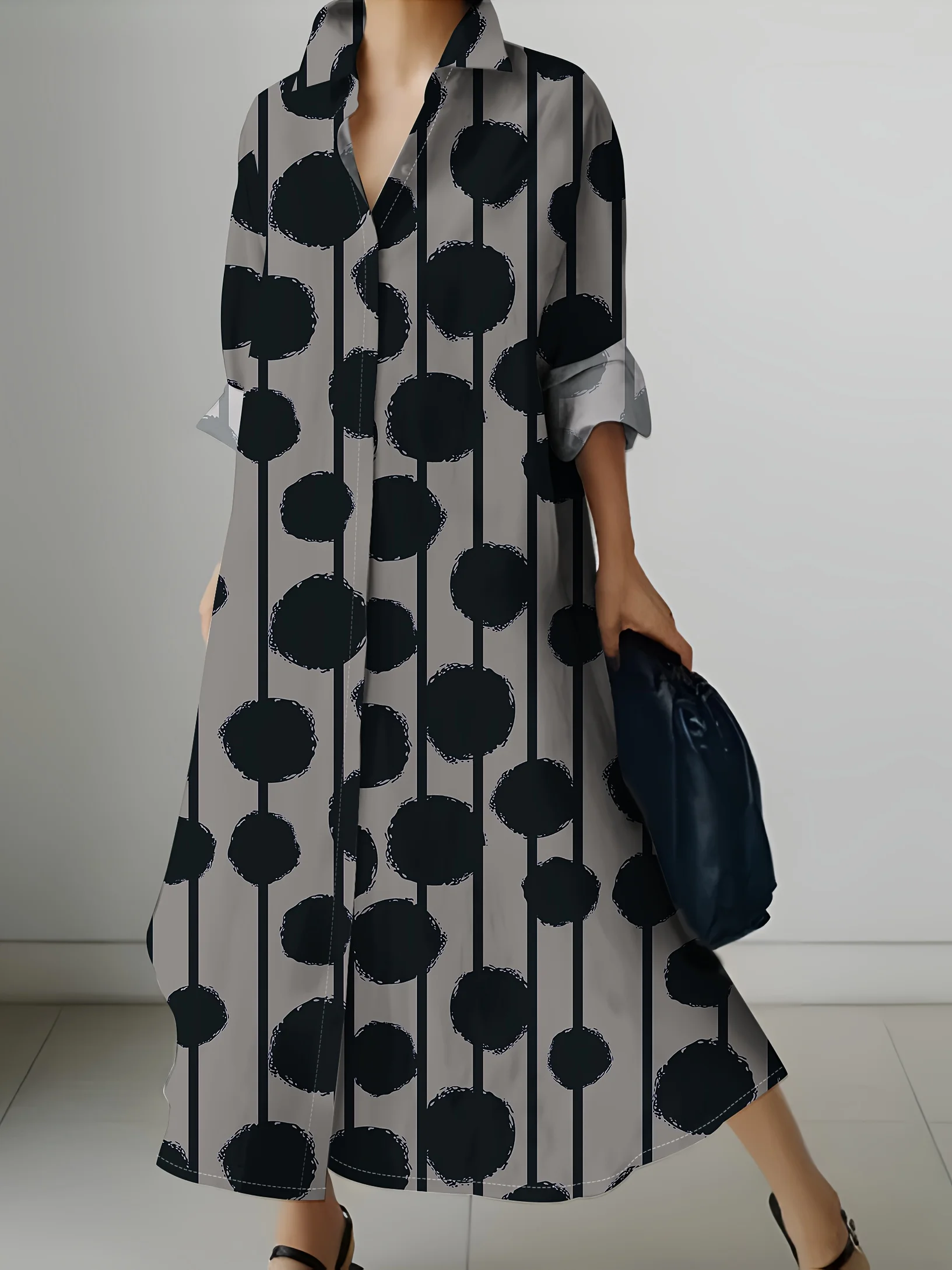 Vestido Midi de Manga Larga para Mujer, Estilo Casual para Vacaciones de Verano, Elegante Vestido Fluido con Cinturón, Ligero y Transpirable