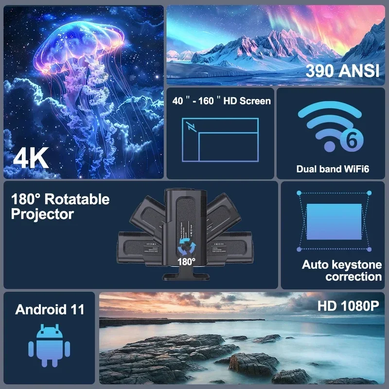جهاز عرض ذكي جديد 2025 KaiAqua HY320 يعمل بنظام أندرويد 11 390ANSI HD 4K أصلي 1080P Dual Wifi6 BT5.0 جهاز عرض محمول لمستوى السينما