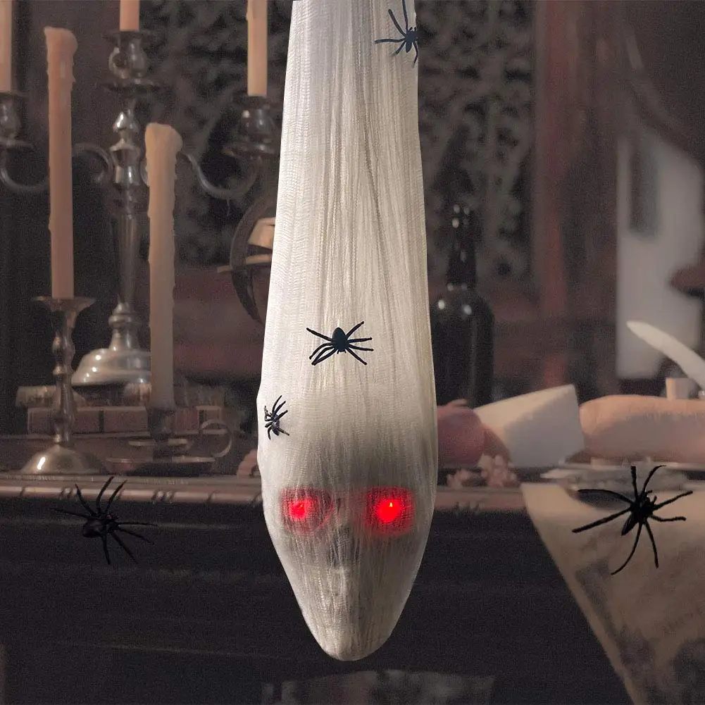 Halloween Decorations Outdoor, Hanging LED Skull In Cocoon With Fake Spider, Halloween Decorations For Tree Lawn Party Home