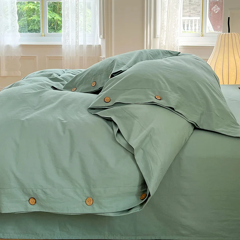 

Retro Button Washed Cotton Duvet Cover Set - Hotel Style King Queen Bedding 3/4 Piece Solid Color Duvet with Pockets