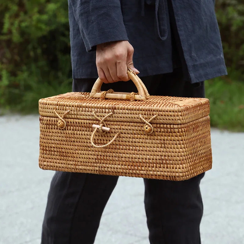 Handwoven Rattan Storage Box with Handle Portable Tea Box Teaware Food Container Picnic Basket Ornament Case Rangement Organizer