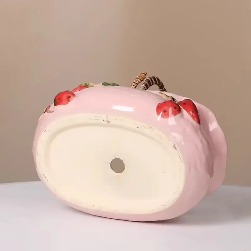 Maceta de cerámica creativa, maceta transpirable suculentas con asas, bonita atmósfera fresa rosa, 1 Uds.
