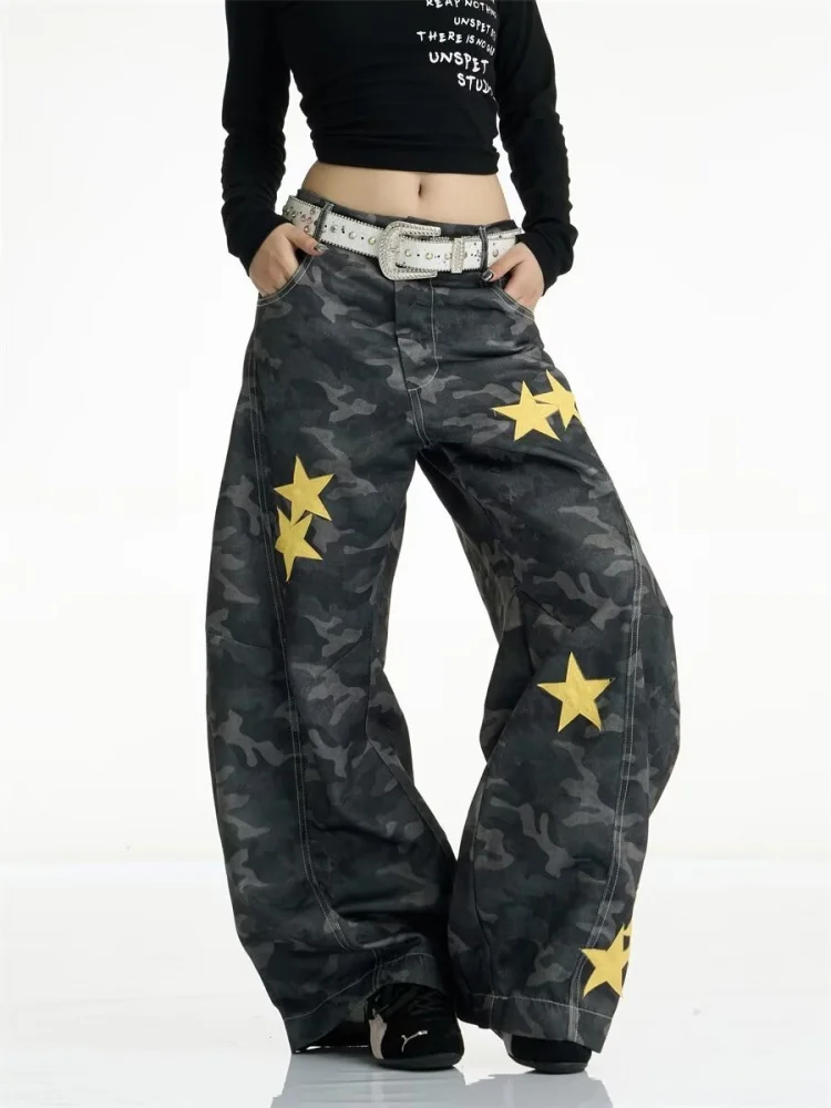 2025 American Retro Y2K Fashion Star Printed Camouflage Baggy Women's Jeans Pants Woman Clothing Straight Gothic Long Trousers