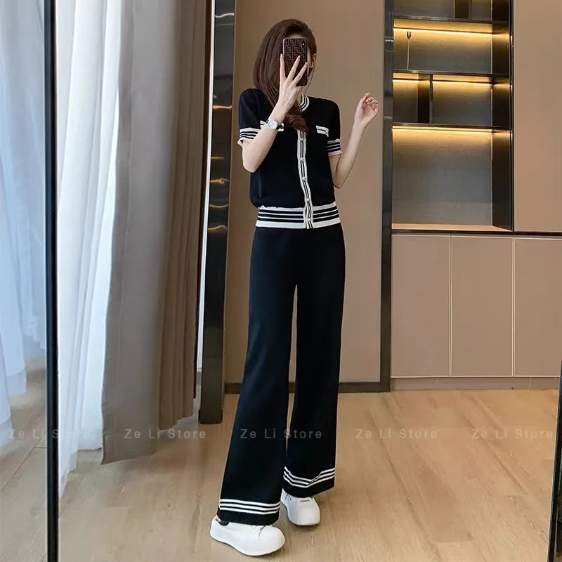 

2026 Spring/summer New Arrival: Premium Ice Silk Chic Turtleneck Blazer & Professional Knitted Wide-leg Pant Set for Women