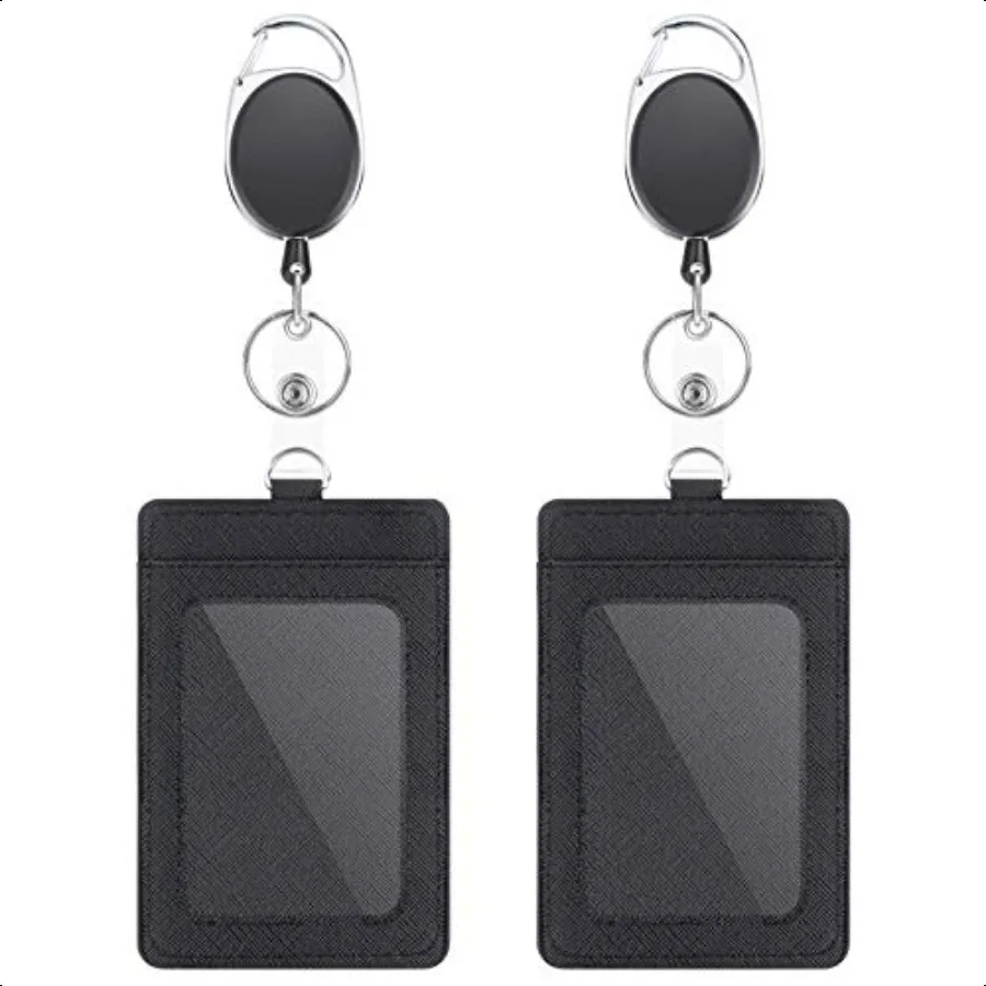

2 Pack Badge Holders and Heavy Duty Retractable Reel Clips Set Vertical Leather ID Badge Holders with 1 Clear ID Window 2 Credi