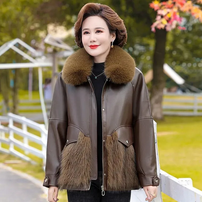 กลาง-กลางแม่ฤดูหนาวหนัง Outerwear สูงเกรดเลียนแบบ Mink Fur แจ็คเก็ตผู้หญิง 'S ขนสัตว์ผ้าฝ้ายเสื้อ