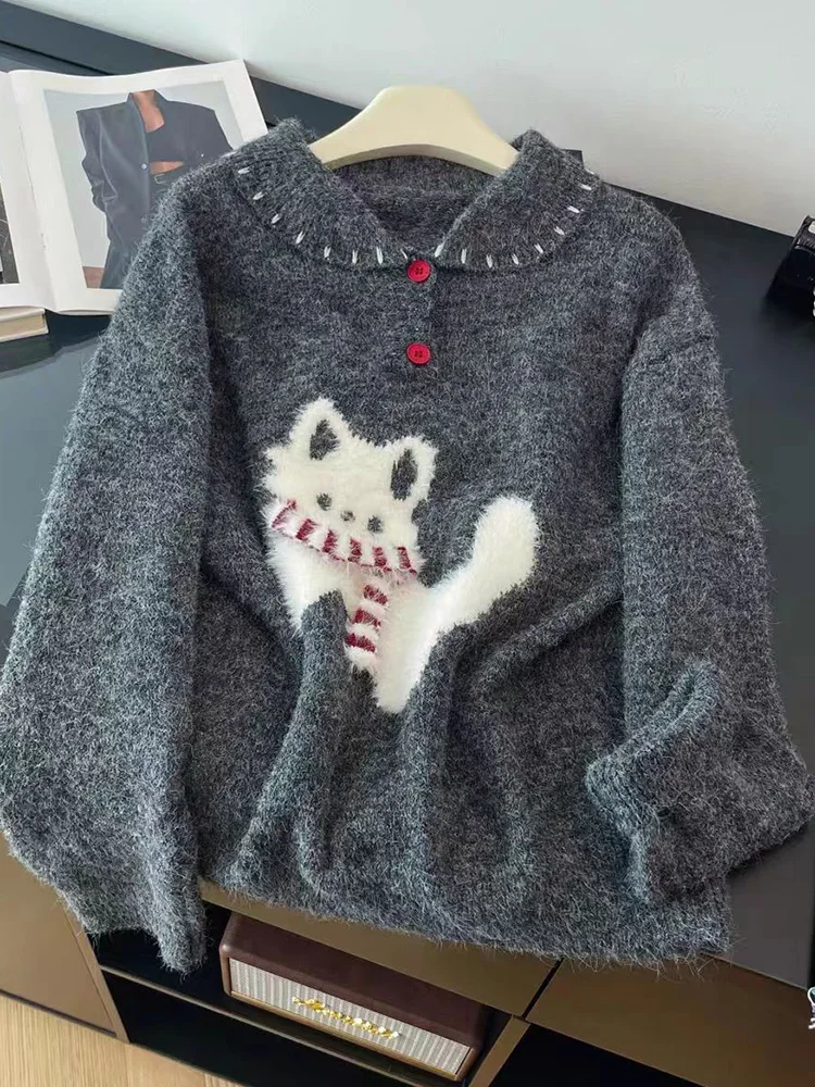 

Cute Cartoon Loose Sweater Women Sweet Japan Preppy Style Casual Knitted Jumper Fall Winter Retro Lazy Wind Peter Pan Collar Top