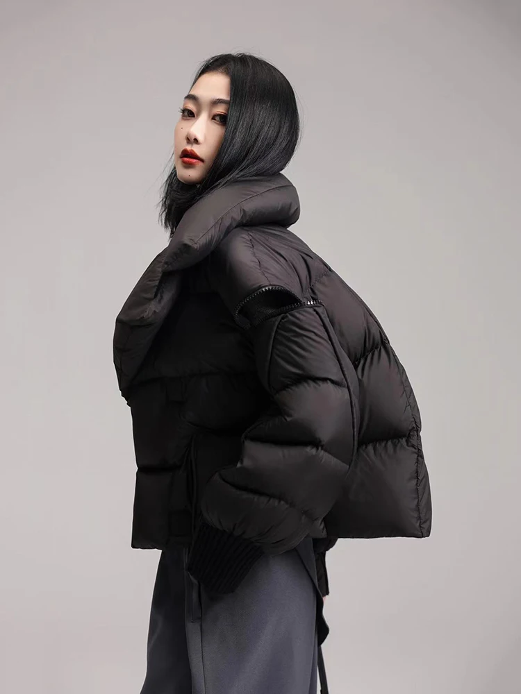 Winter Short Large Lapel Knitted Splicing Down Jacket Female Magnetic Snap Warm Outwear Women White Duck Down Parker Down Jacket