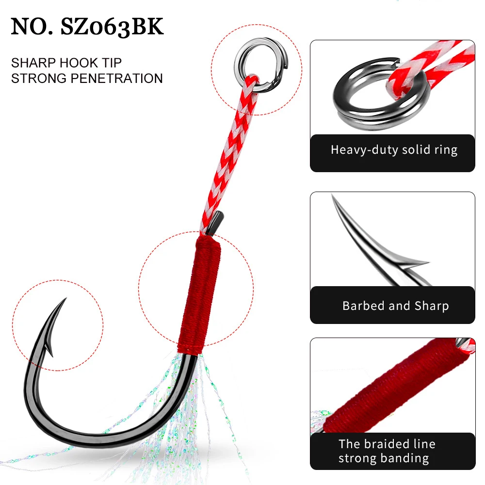 

10Pcs PROBEROS Jig Head Fishhooks 11-20# Cast Jigging Assist Fishing Hooks with Feather Barbed Hooks sz063bk