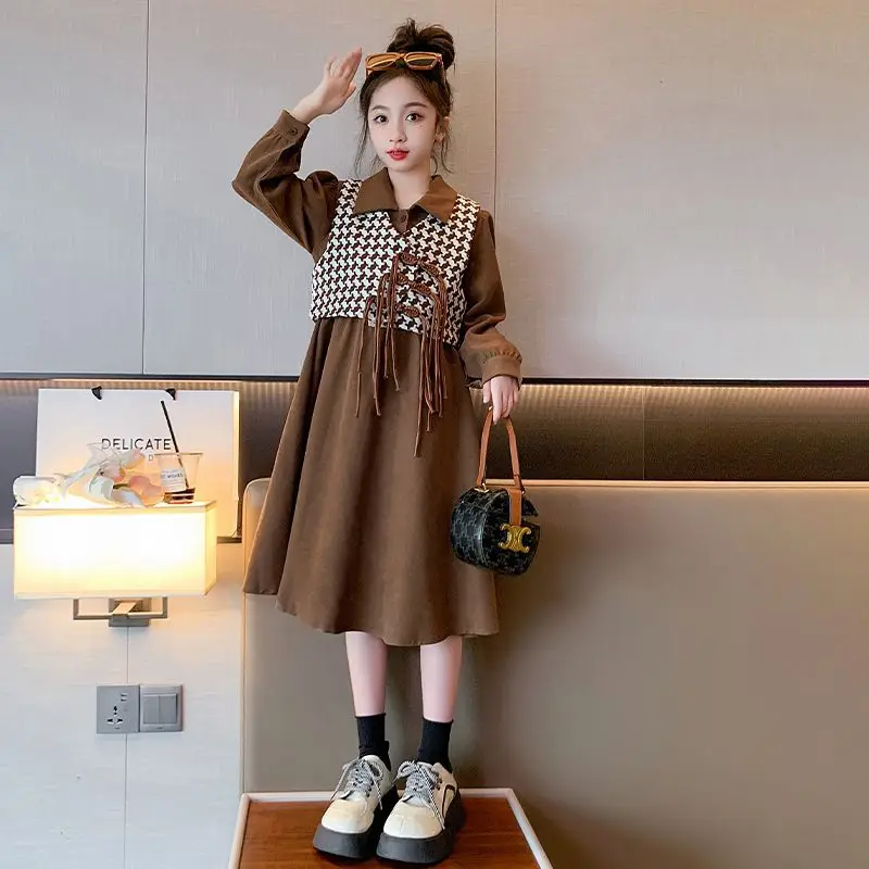 Girls' Fashionable Houndstooth Vest Dress Set for Older Girls, New College Style Dress for Spring and Autumn