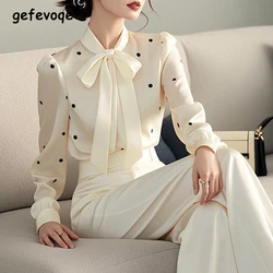 Women Stylish Polka Dots Print Lace-up Bow Blouses Office Lady Elegant Luxury Commute Shirts Spring Autumn Long Sleeve Slim Tops