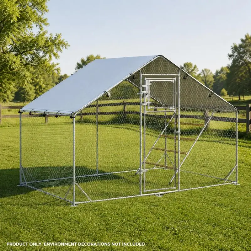 Enclos à poulets extérieur tout-en-un avec parc grillagé 6 m², avec perchoir et mangeoire en acier galvanisé Ø25mm 300x200x195cm argenté, conçu pour l'élevage domestique et la gestion des volailles en plein air.