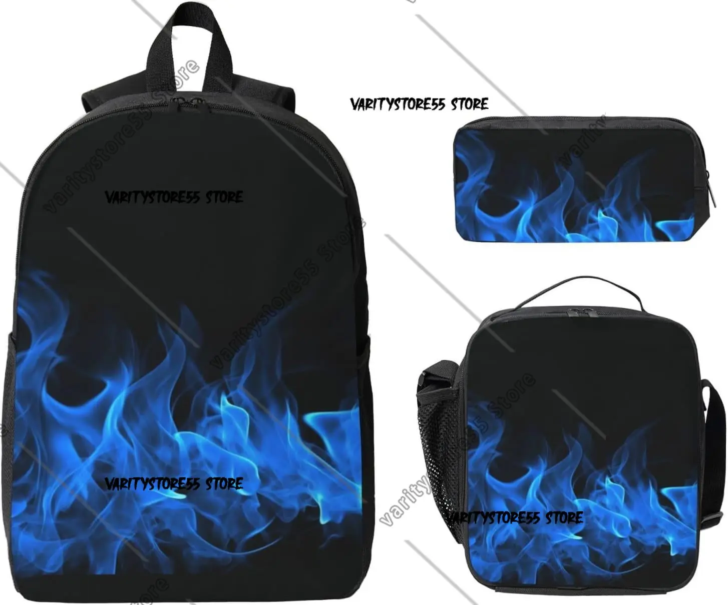 3PCS Blue Flame Backpack Set with Insulated Lunch Box Pencil Pouch Shoulder Lunch Bag and Pencil Case