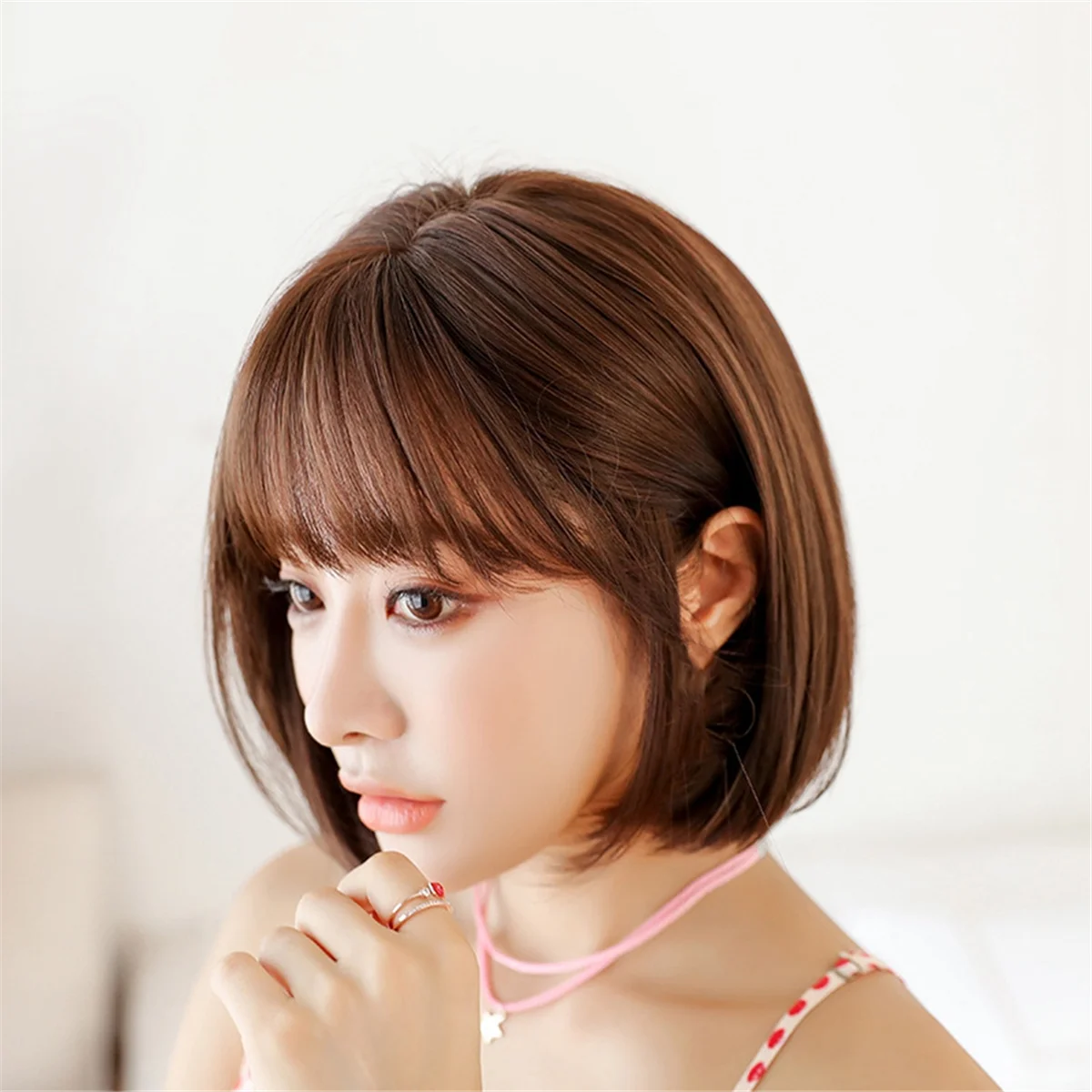 Wig Bob Wig with Bangs for Women, Natural Looking Short Bob Wig , Short Straight Wig for Daily Korea Versions 30cm