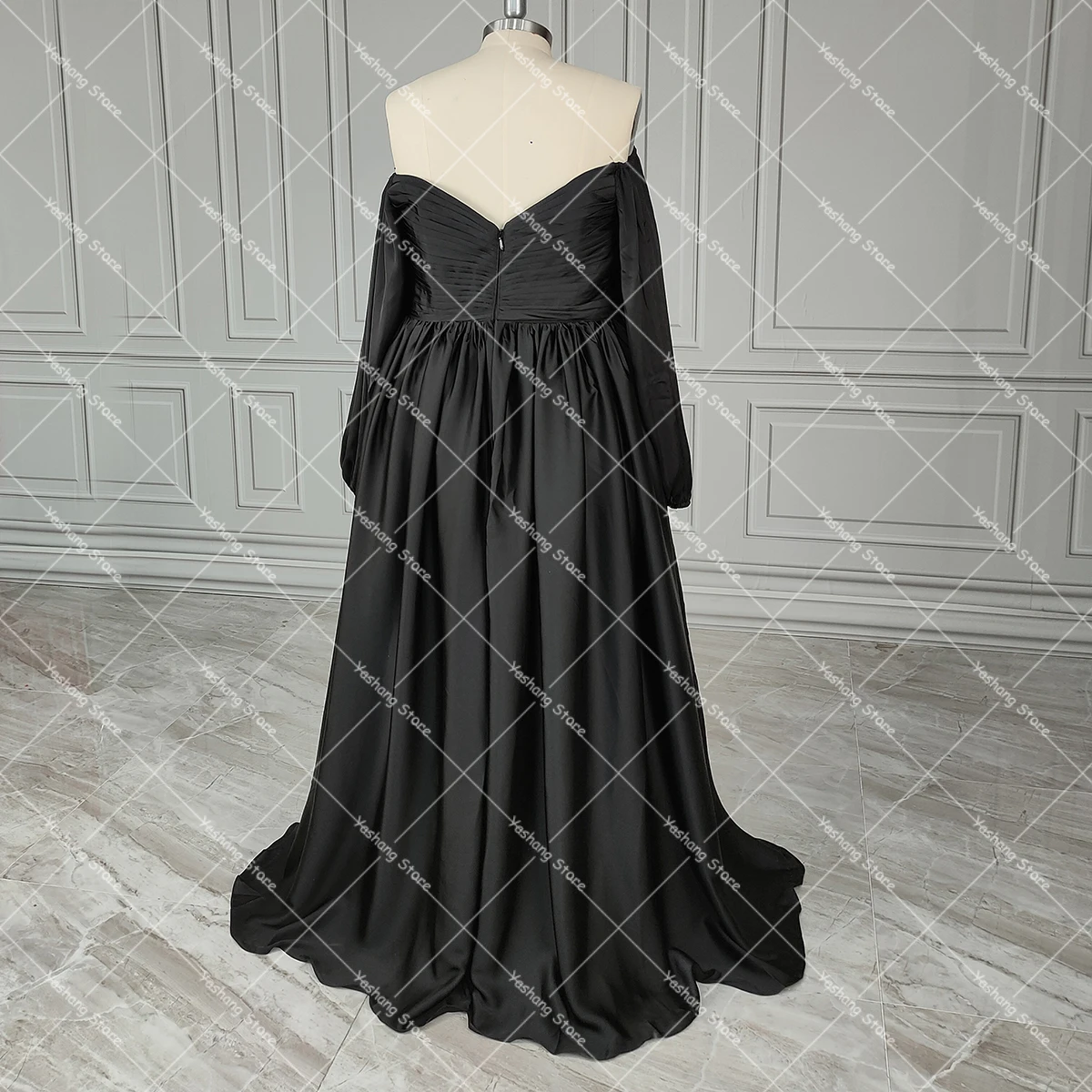 Long Bishop Sleeve Ruching Chiffon Evening Dress Off the Shoulder Sweetheart Pleated Skirt Flowy Chiffon Formal Bridesmaid Gown