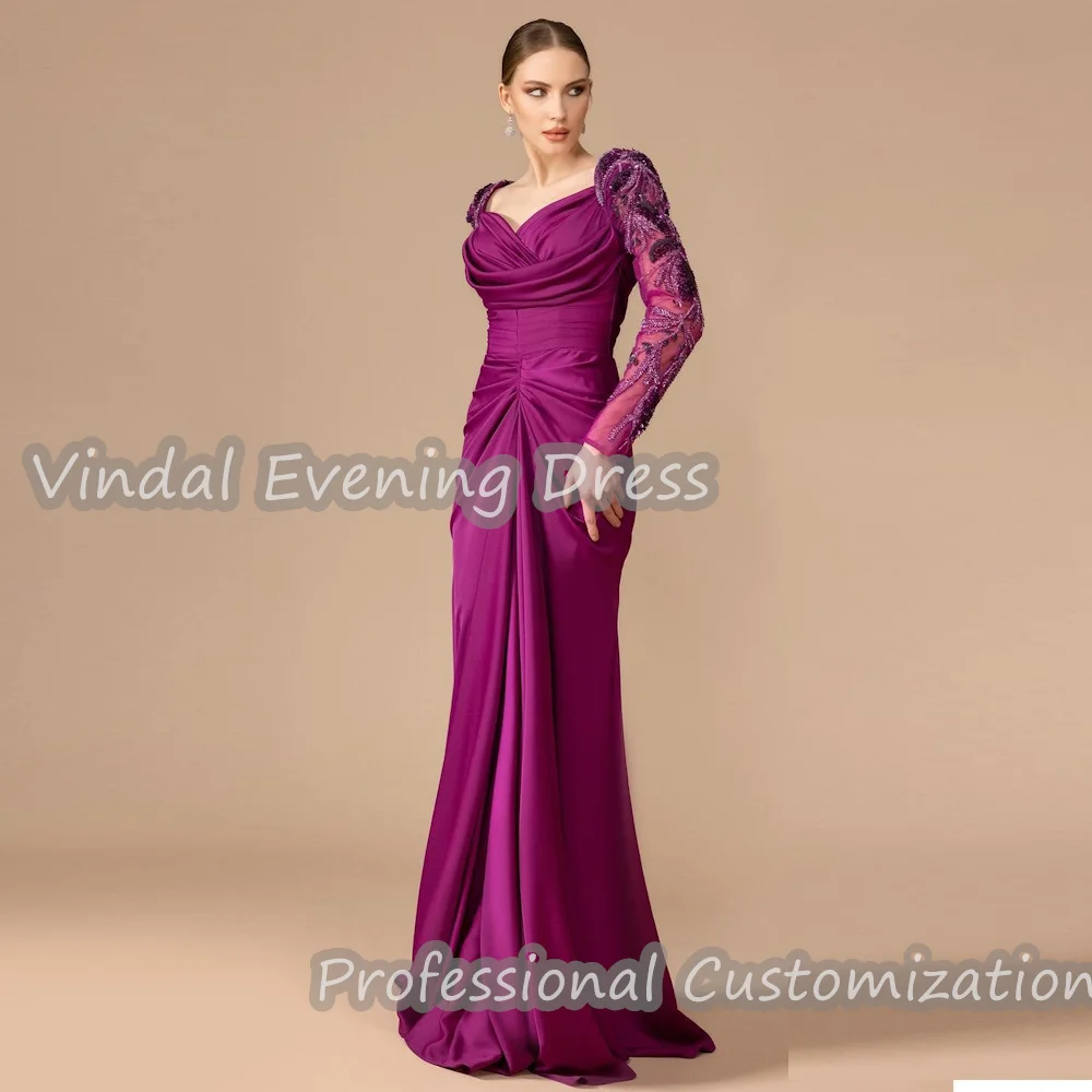 

Vindal Prom Dress Sweetheart Floor Length Flower Ruffle Straight Elegant luxurious Satin Saudi Arabia Long Sleeves For Woman2024