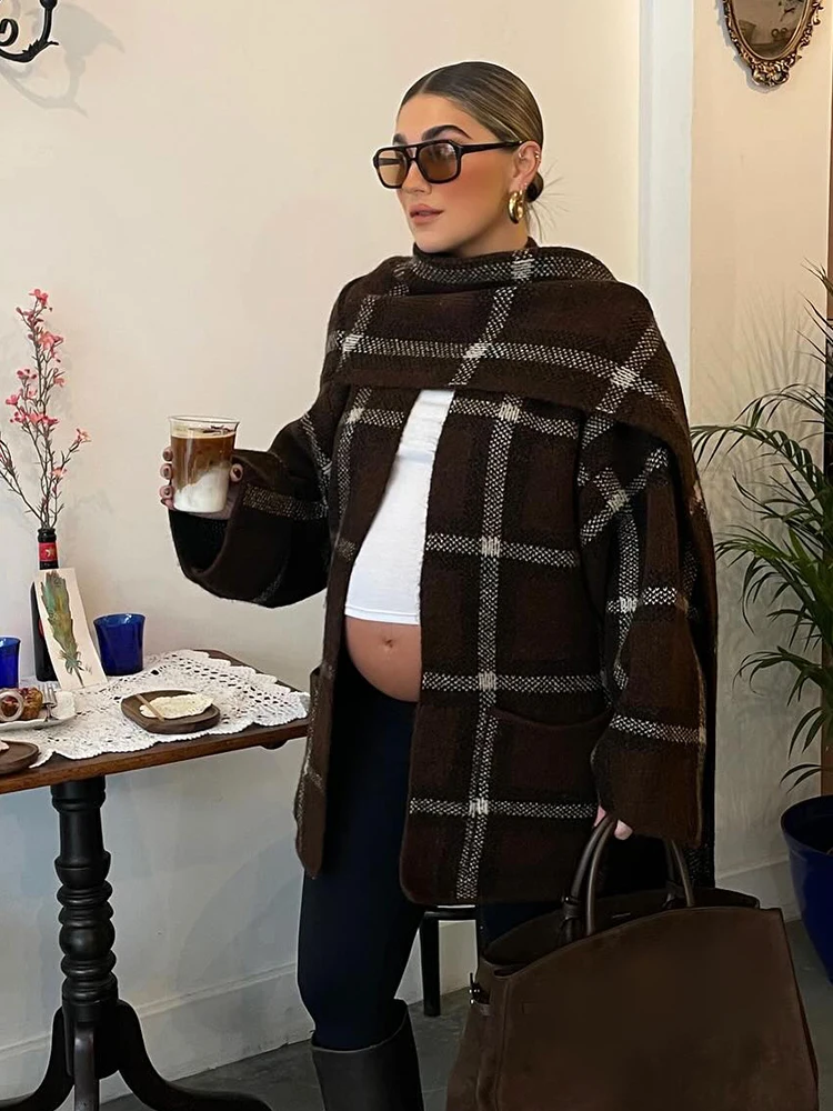 HH 2026 Woman Casual Plaid Scarf Collar Pocket Decoration Long Sleeve Knitted Street Coat Female Loose Casual Short Cardigan Top