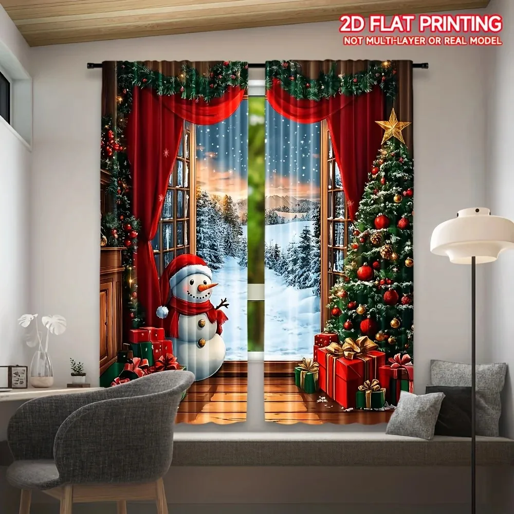 2PCS Digital Print Curtain, Snowman by Window with Snowy Forest View, Christmas Tree and Gifts, for Bedroom Window Decoration