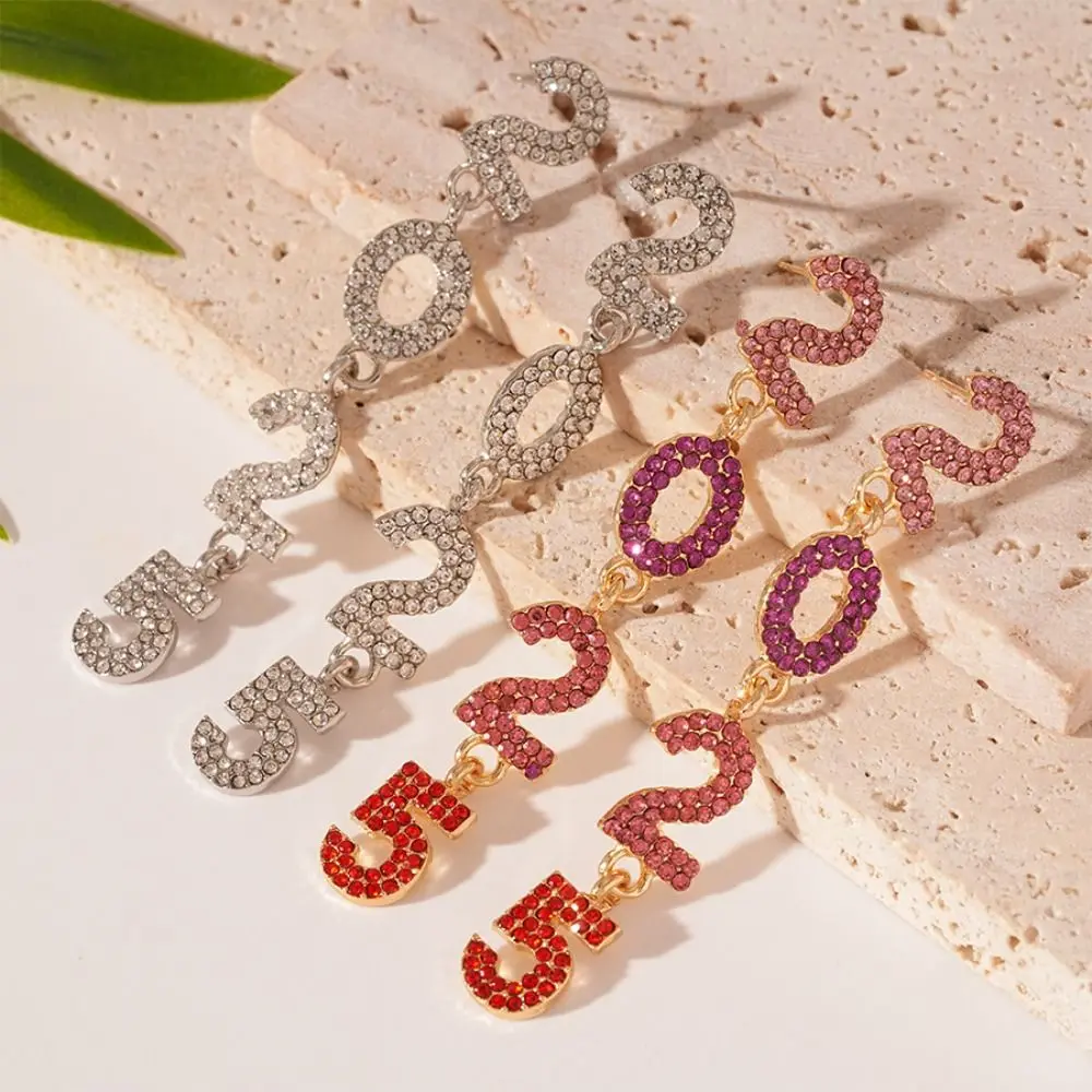 

Trendy Aesthetic Happy New Year Earrings Rhinestone Long 2025 New Year Ear Stud Shiny Jewelry Crystal Party Necklace Girls