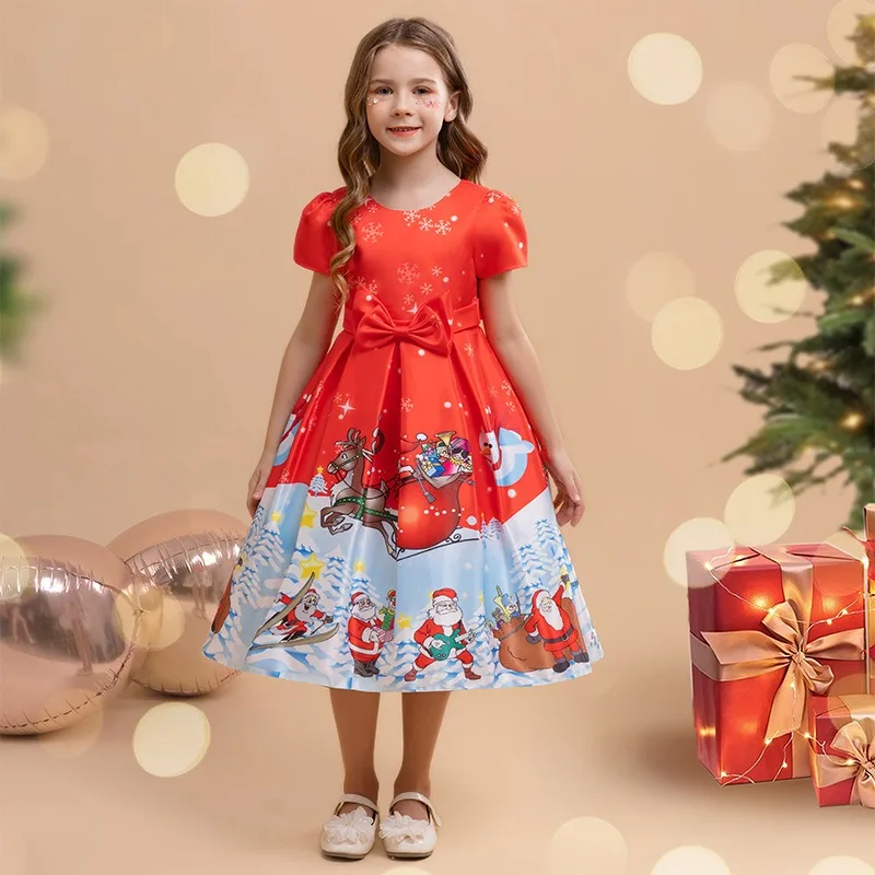 2024 HOT 2-8 Years Old Girls Christmas Dress Red Santa Green Costume Girl\'s Kid Vestidos 2 3 4 5 6 7 8 Years Old Kids Clothes